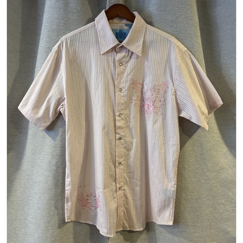 Danesi Pink Embroidered‎ Pearl Snap Button Up Short Sleeve Western Mens Size L